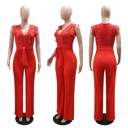 Summer Fashion Lace High Waisted Jumpsuit Women Elegant OL Lace Sleeveless Waistband Straight Jumpsuit Women.