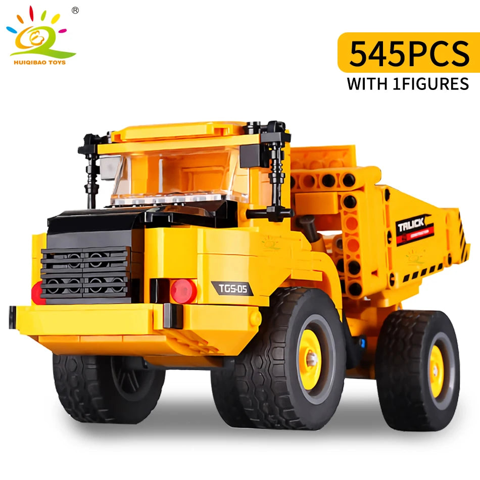 HUIQIBAO Engineering Truck Building Blocks Vehicle Excavator Bulldozer Crane Car Bricks City Construction Toys For Children Boys