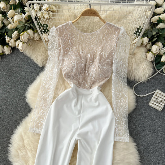Light Luxury Elegant Women White Backless Jumpsuits Temperament O-neck Puff Long Sleeve Embroidery Female Playsuits.
