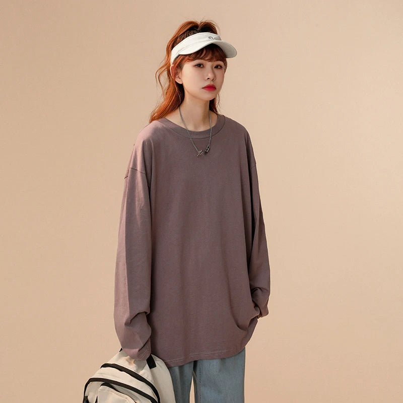 COUTUDI-Oversized T-Shirt for Women, Loose Pullover,Long Sleeve, Casual 100% Cotton Tee Shirt, Lady Tops, Korean Streetwears