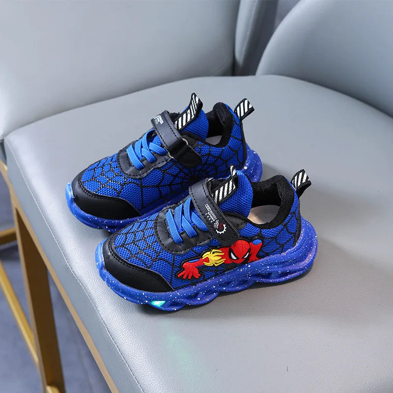 Disney LED Casual Sneakers Red Black For Spring Boys Mesh Outdoor Shoes Children Lighted Non-slip Shoes Size 21-30.
