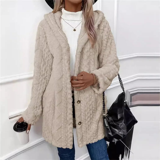 Women Cardigan Hoodie Jacket Autumn Winter Argyle Textured Pattern Hooded Irregular Hem Buttons Fleece Oversized Outerwear Coat.