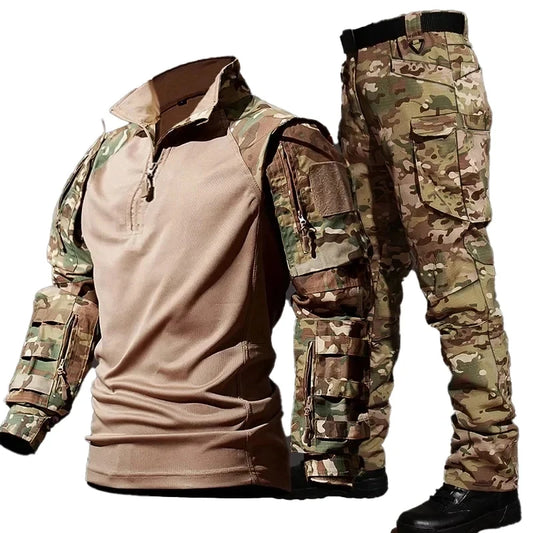 Autumn Tactical Sets Men Outdoor Breathable Short Sleeve Tshirt+Waterproof Straight Pant 2 Pcs Suits Camo Multi-pocket Cargo Set.