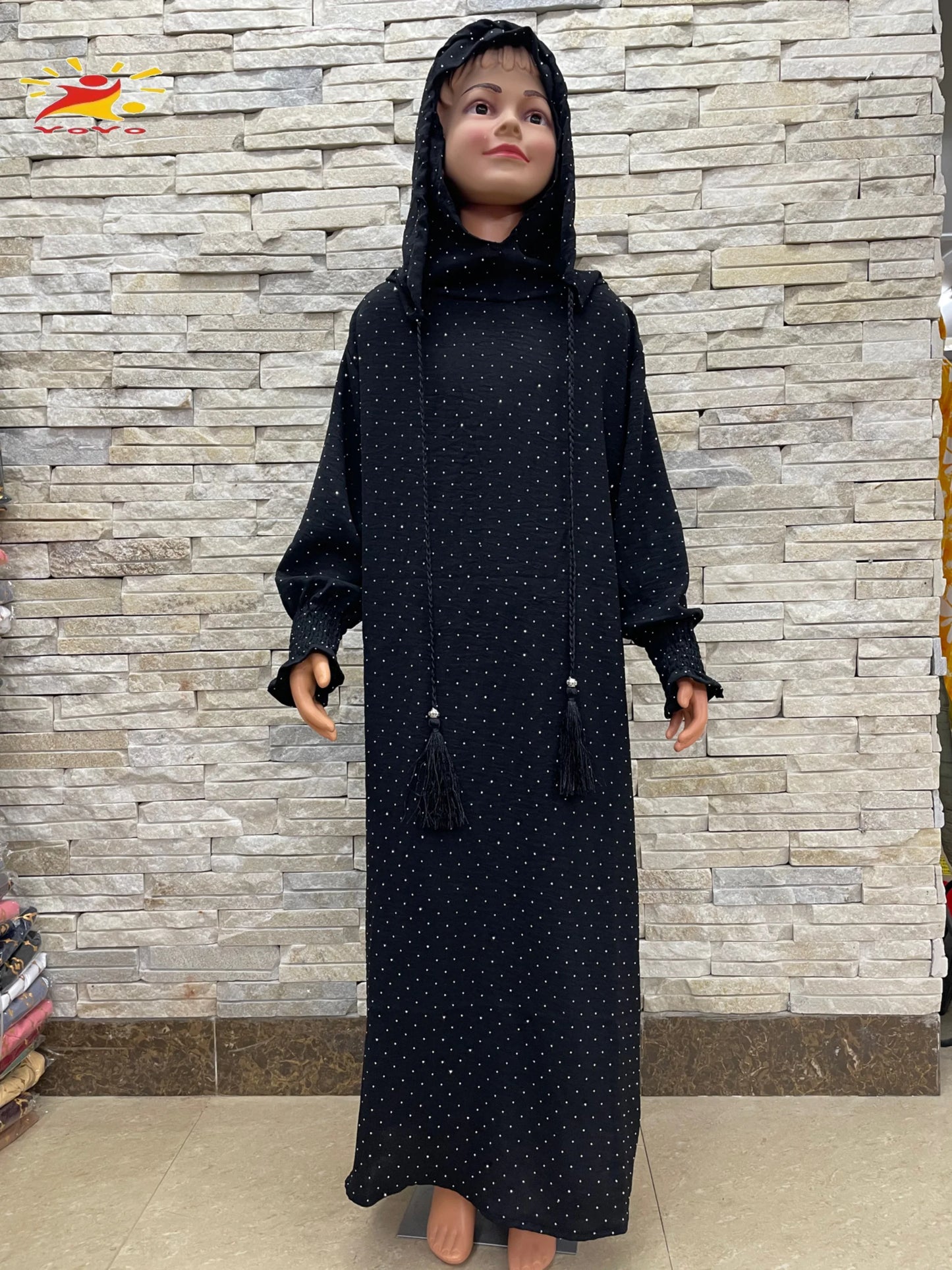 Kids Cotton Islamic Dress Full Cover Robe for Muslim Girls with Two-Hat Turkey Diamond Abaya New Eid Ramadan Prayer Garment.