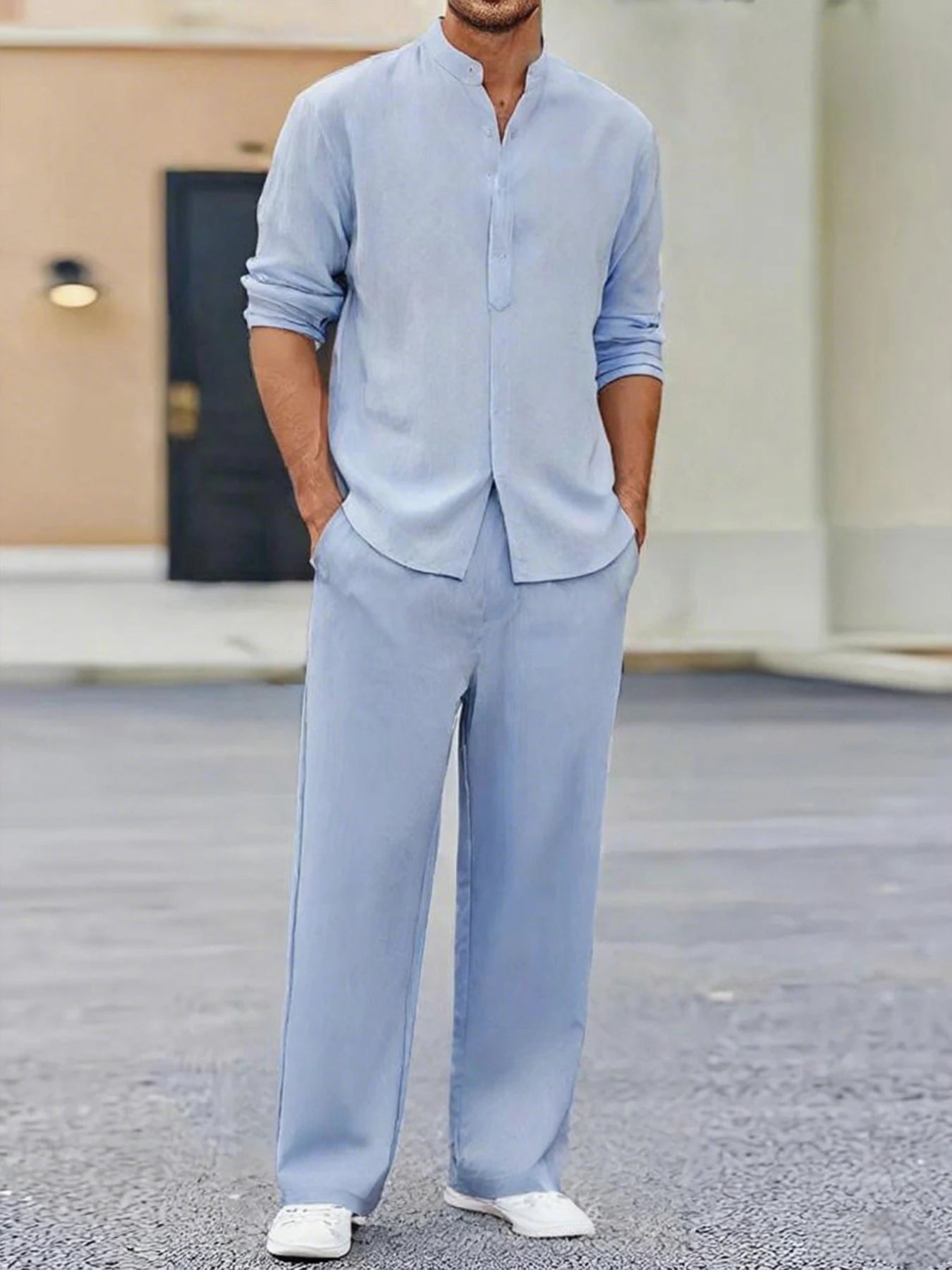 Summer Men's Two Pieces Casual Outfit Loungewear Solid Color Long Sleeves Shirt Breathable Trousers Suits Men Loose Streetwear.