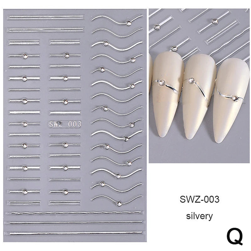 French Tips Nail Sticker 5D Embossed Crystal French Nail Decals Gold Silver Black Line Design Adhesive Slider Nails Art