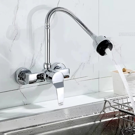 Chrome/black wall-mounted swivel, two-way spout, water stream sprayer, hot and cold water flexible hose kitchen mixer tap