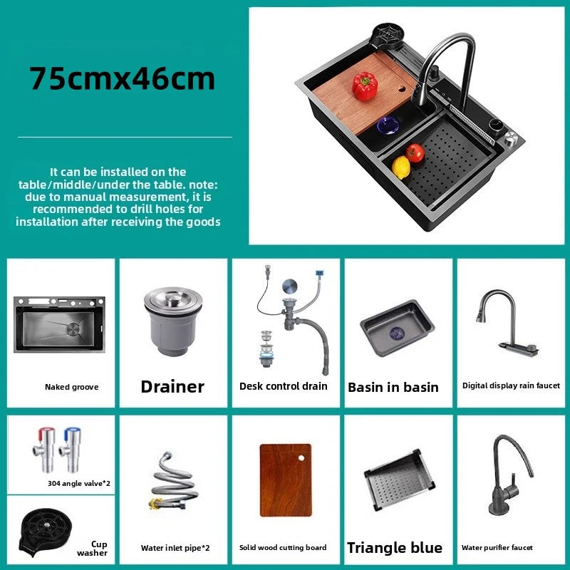 Küche Nano 304 Edelstahl Digitale Umgebungslichtspüle, Wasserfall Regenprägung Große Einzelspüle mit Messerhalter