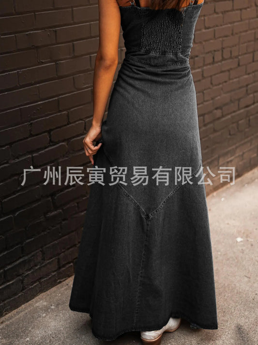 Europa und die Vereinigten Staaten Retro Wash Do Old Denim Neckholder Slim Single-Breasted Big Swing Kleid für Damen Sommer Vestidos.