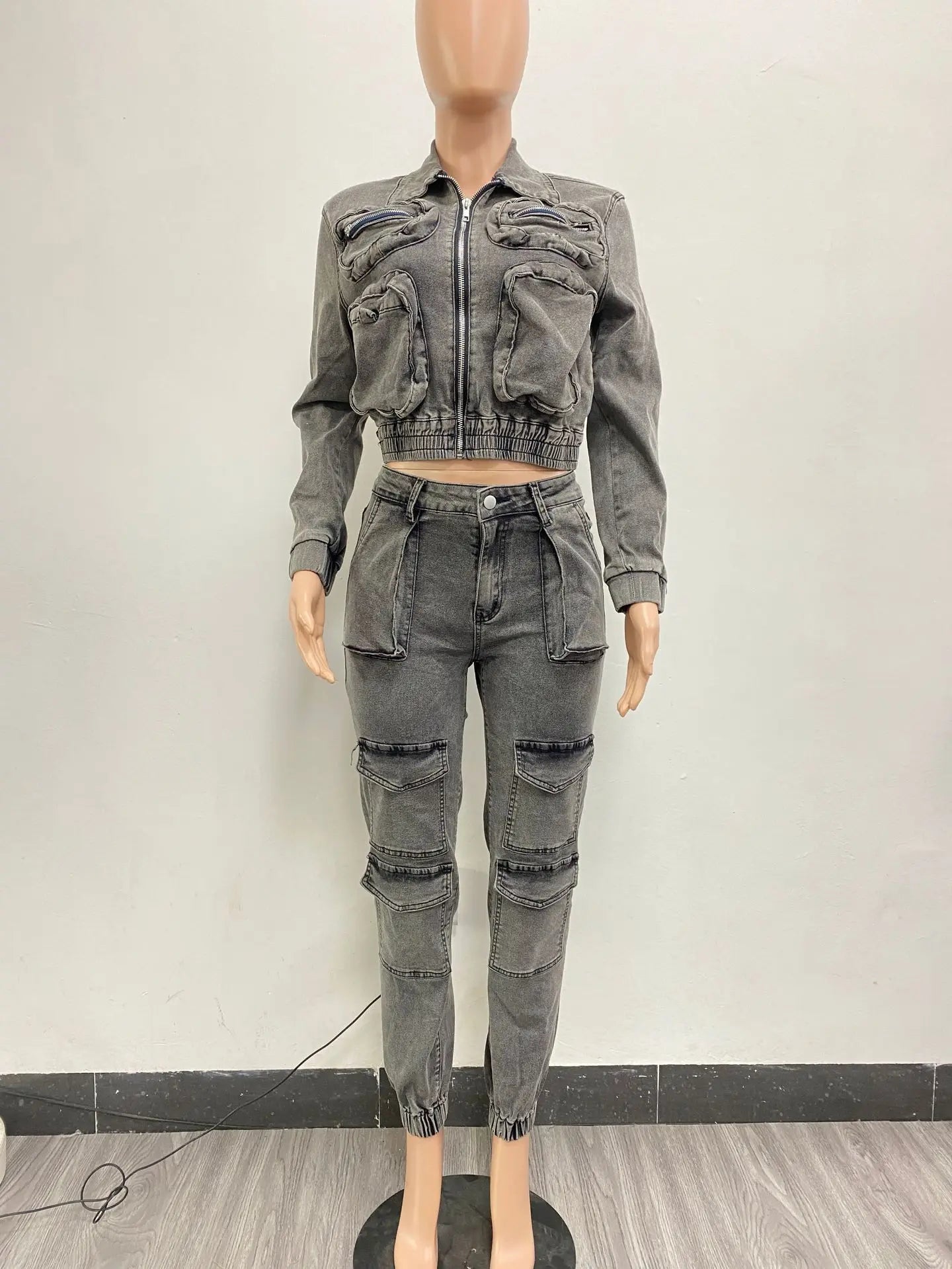 Pant Sets Long Sleeve Women Tracksuit Zipper Denim Coat Cargo Ankle Length Pants Pockets High Street Spliced Slim 2024.