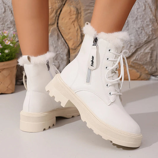 Women's Autumn Winter Ankle Boots Thick Sole Warm Plush Cotton Shoes Woman Fashion Black White Pu Leather Platform Botas Mujer.