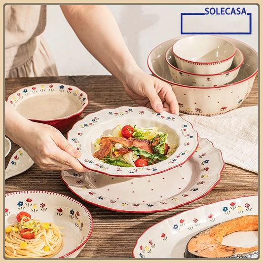 SOLECASA Pastoral Style Ceramic Tableware Soup Bowl Salad Bowl Dish Pasta Dessert Plates Dinnerware Dinnerware Table Decoration.