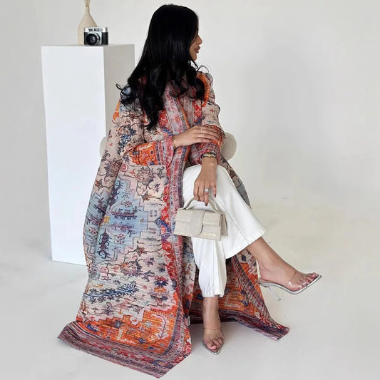 Abaya Miyake Pleated Printed Robe Jacket Arabian Dubai Style Women's Long Sleeve Conservative Demure Muslim Trench Coat 55inches.