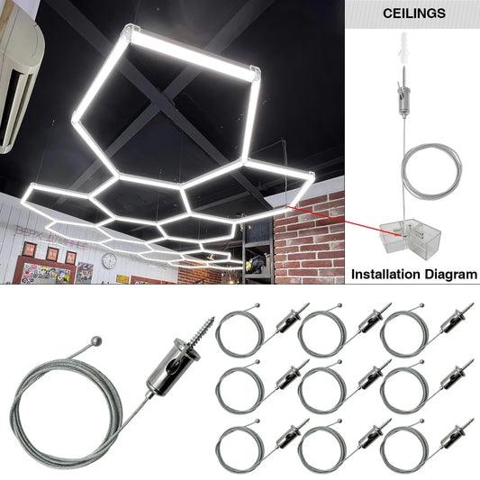 Hexagon Light Adjustable Suspension Rope and Splicing Connector All Copper 2Pin V/Y/L/T/I Cable LED Tube Lamp for Garage Ceiling.