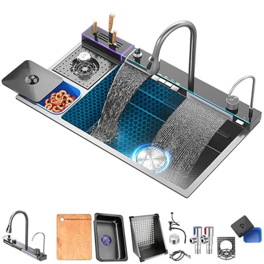 Modern Multifunctional Nano Kitchen Sink with Waterfall Faucet & Accessories for Home Chefs and Families in Contemporary Kitchen