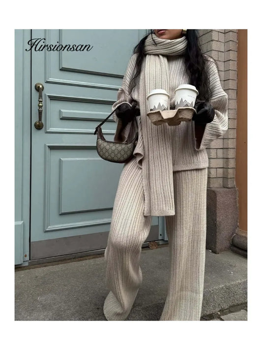 Hirsionsan Soft Elegant Vintage Women Suits 3 Pieces Female Sets O Neck Sweater & Wild Leg Pants with Scarf Knitted TrackSuit.