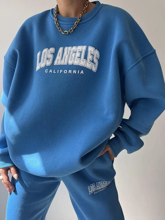 Warm Suit Autumn Winter Women Solid Set Elegant O-neck Pullover Hoodie And Pocket Trousers Two-Piece Set Lady Casual Loose Sets.