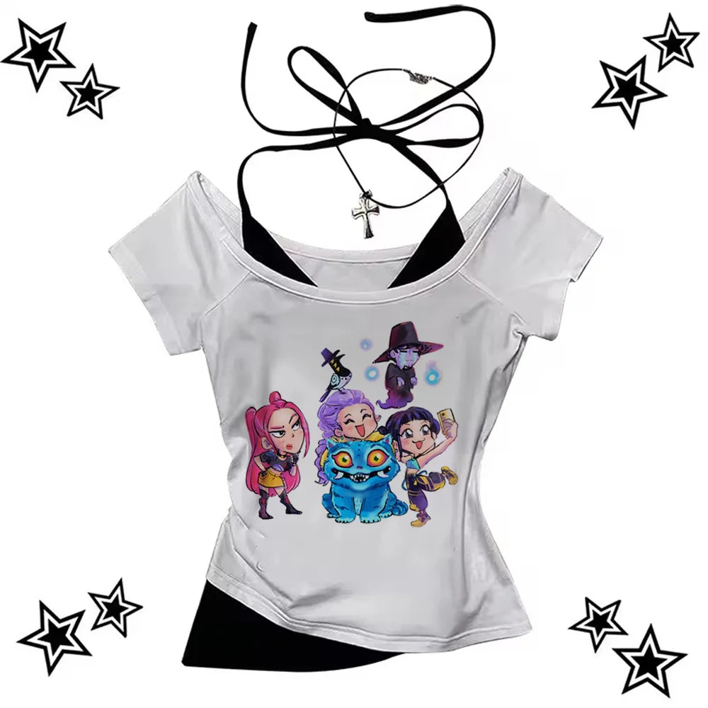 KPop Demon Hunters Tiger Shirt Women O-Neck Short Sleeves Crop Tops T-shirt Fans Gift.