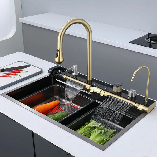 Golden Household Stainless Steel Waterfall Kitchen Sink MultiFunction Wash Vegetable and Dish Countertop Basin Large Single Slot