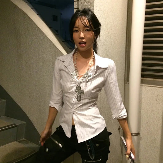Genayooa Korean Style Casual Shirt Women Three Quarter Striped Shirts 2000s Japanese Y2k Vintage Tops Slim Retro Shirts Summer.