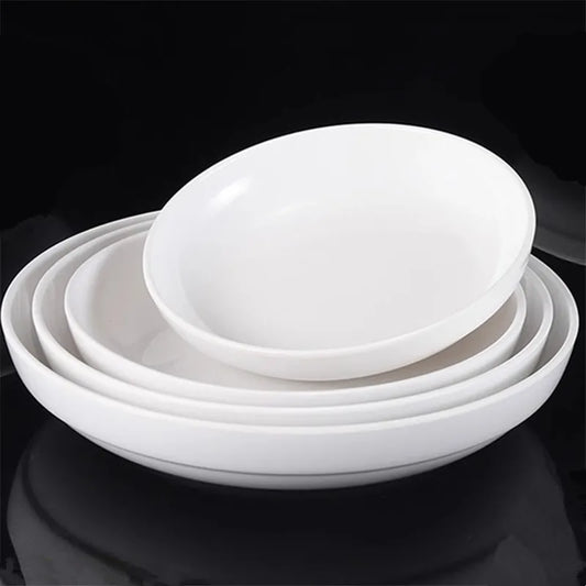 Deep Round Melamine Dinner Plates White Hotel Serving Tray Table Dishes Imitation Porcelain Dishes to Eat Kitchen Dining Sets.