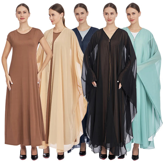 Ramadan Muslim Sets for Women Chiffon Kimono Jalabiya Long Dress Dubai Abaya Turkey Kaftan Eid Kebaya Caftan Marocain Femme Robe.