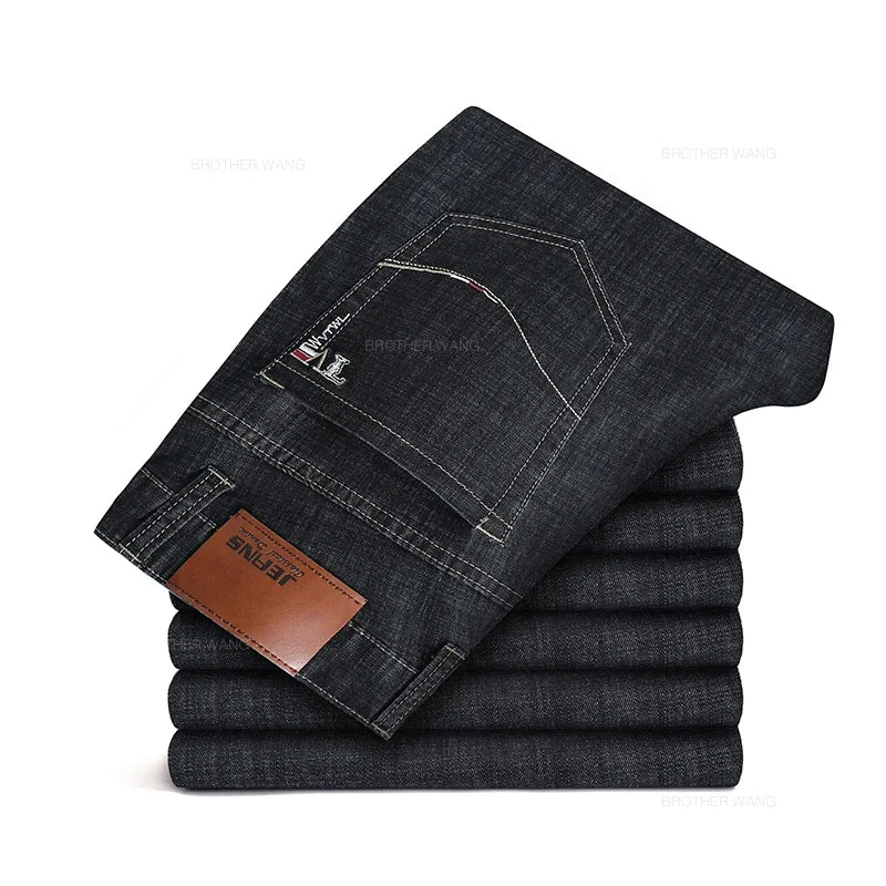 Sommer Dünne männer Gerade Jeans Klassische Schwarz Blau Stretch Casual Business Baggy Denim Hosen Männliche Marke Hosen