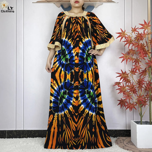 New Muslim Dress Woman Short Sleeve Dashiki African Abaya Tie-dyed Printing Cotton Loose Femme Robe Islamic Dresses With Scarf.