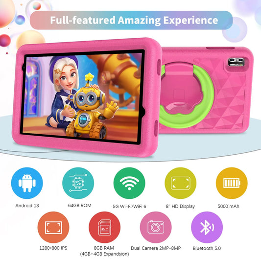 VASOUN Kids Tablet 8 Inch, Android 13 Quad Core, 8GB(4+4expand)RAM+64GB ROM, 5000mAh, Dual Camera, WiFi, Parental Control.