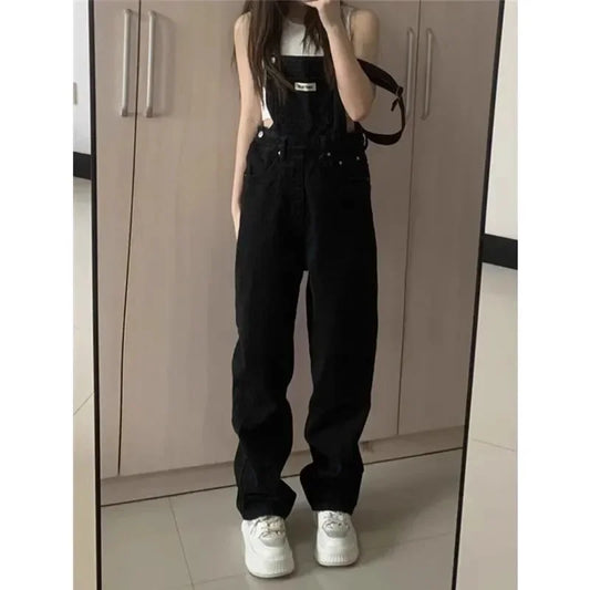 High Waist Wide Leg Jumpsuit Jeans Thin Strap Pants Korean Style Winter New Women's Loose Fit Trousers by None( AE Stock).