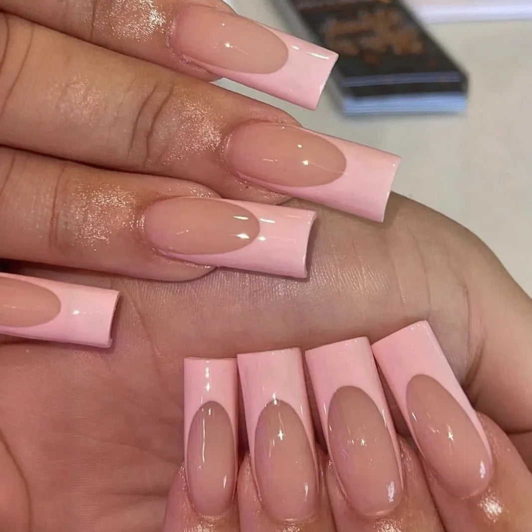 White French Style Fake Nails Gentle Pink Press on Nails 3D Bowknot Design Almond Charm Manicure Korean Fashion False Nail 24Pcs.