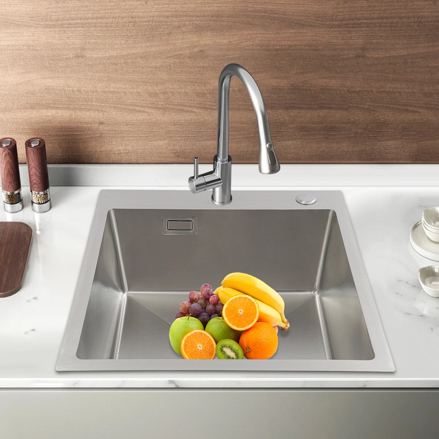 Edelstahlspüle, 45 x 50 cm, moderne Küchenspüle, Küchenspüle mit Abflussrohr, X-förmige Wassergleitungsleitung