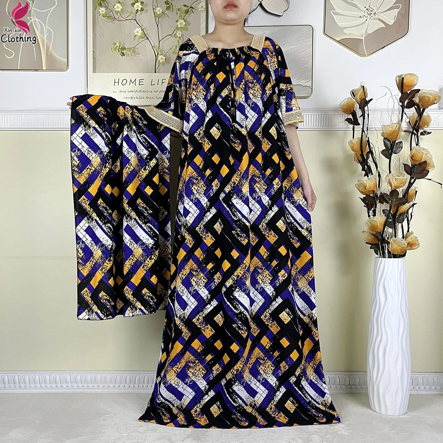 New Muslim Dubai Elegant Dress Summer Short Sleeve African Abaya Printing Cotton Loose Femme Robe Islamic Dresses With Scarf