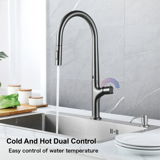 Modern style gun gray pull-out kitchen faucet with 1 handle for hot&cold water intelligent sensing and 2 functions for sink Tap