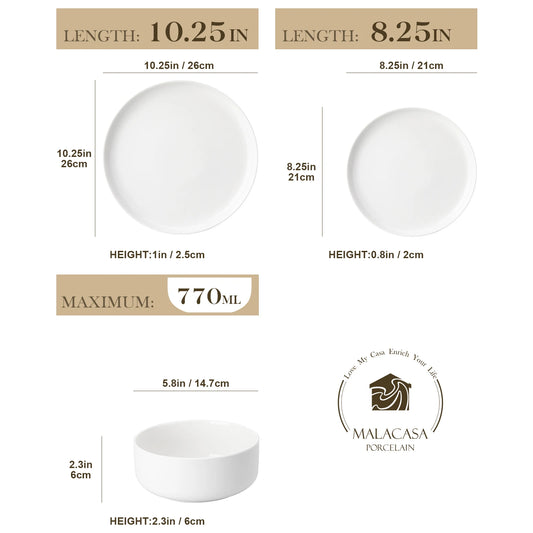 MALACASA 18/36-Piece Ceramic Plate Porcelain Dinnerware Set with 6/12 Pcs Dinner/Dessert Plates,Bowl Tableware Set for 6/12.