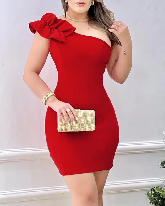 Sommer Mode Rot Applikationen Frauen Mini Party Kleid Bodycon Elegante Rüschen Sexy Eine Schulter Geburtstag Abend Club Outfits.
