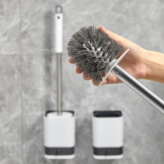 WORTHBUY Wandmontierte Toilettenbürste aus Kunststoff mit langem Griff und Halter, stanzfreie WC-Toilettenreinigungsbürste, Badezimmerzubehör