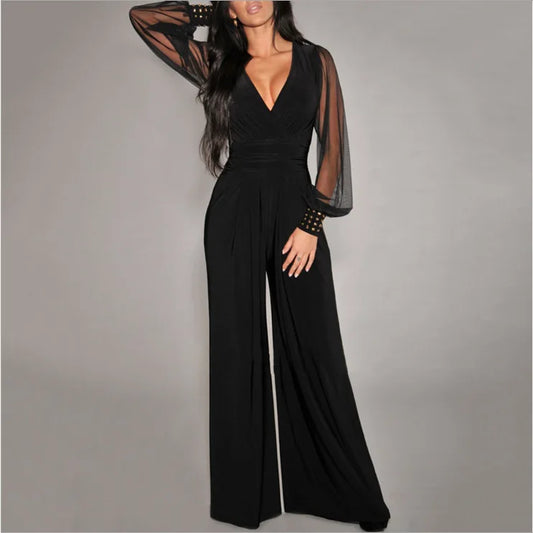 Spring Summer Fashion Sexy Women's Jumpsuit Elegant Solid Color Deep V Neck Lace Lantern Sleeves Splicing Rivet Slim Jumpsuits.