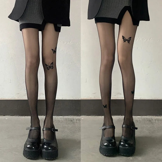 Women Butterfly Print Tights Pantyhose Spring Summer Black Nylon Ultra-thin Stockings Hosiery Spicy Girl Party Club Stockings.