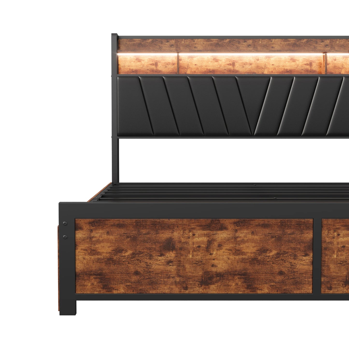 Lazyspace Metall-Doppelbett 160 x 200 cm mit 4 Schubladen, Bettrahmen mit USB-Ladeanschluss und LED-Kopfteil, schwarz, ohne Matratze