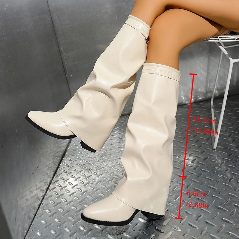 Fashion Wide Leg Knee High Boots Women Autumn Winter Slip On High Heels Pants Boots Woman Pu Leather Long Botas Plus Size 36-43