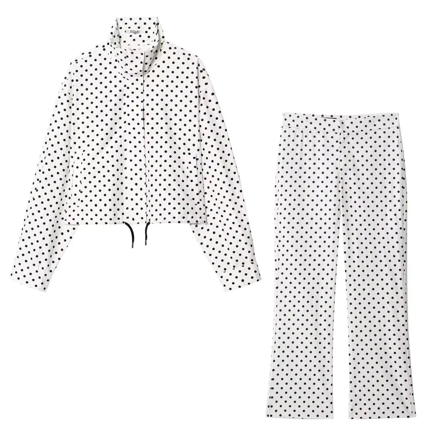 TRAFZA Herbst Polka Dot Gedruckt Jacke Für Frauen Lange Ärmel Rollkragen Zipper Mit Taschen Kordelzug Lose Vintage Mäntel