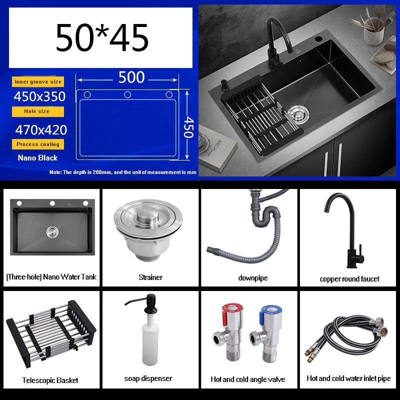 kitchen sink Black nano-sink single-slot household hand-washing basin kitchen large 304 stainless steel sink sink bowl