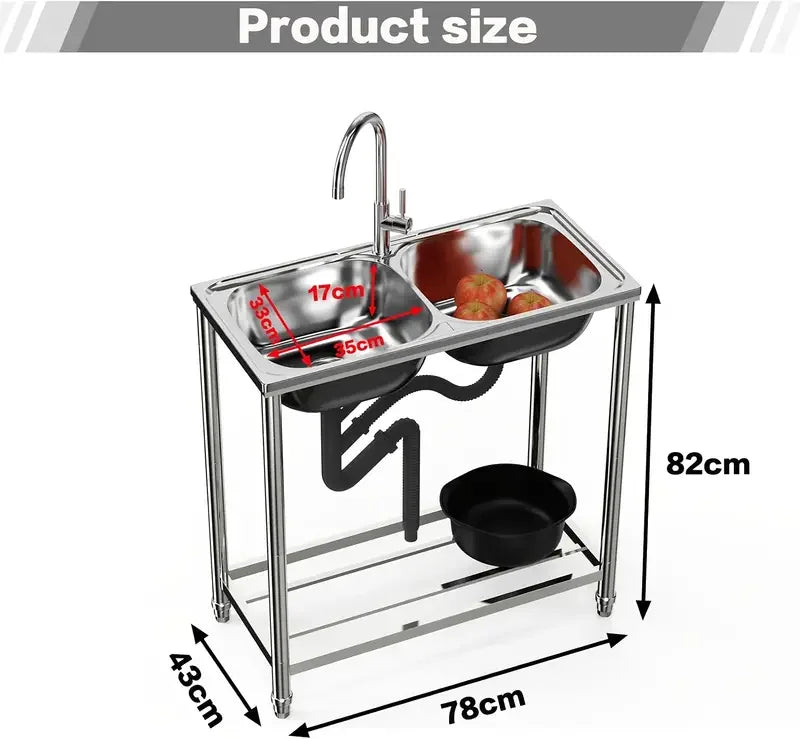 Doppelspüle aus Edelstahl mit Warm- und Kaltwasserhähnen und Ablaufset, perfekt für Garten und Camping