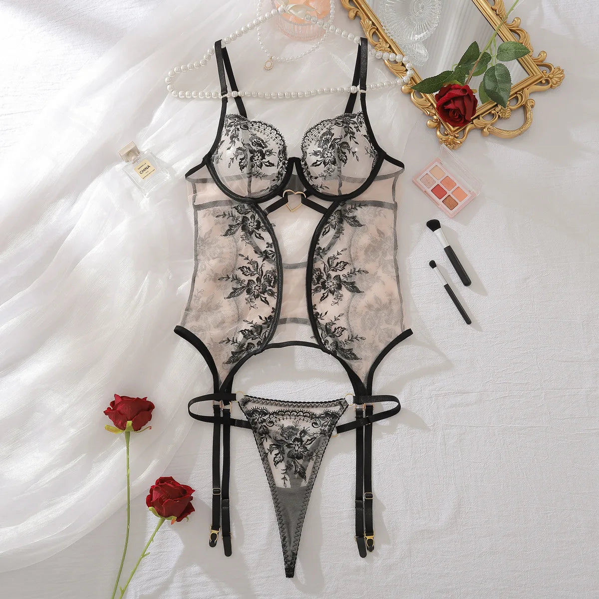 Sensual Lingerie Floral Lace Transparent Erotic Costume Bride Fantasy Sexy Crotchless Invisible Thongs Naked Sex Suit