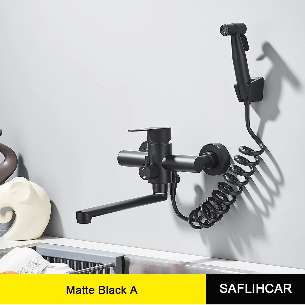 Kitchen Faucets Stainless Steel Wall Mounted Multifunctional Bathroom Basin Faucet Hot Cold Water Mixer Taps With Spray Gun