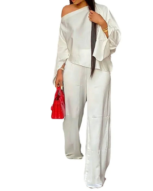 Fashion Hot Sale Women Casual Street Style Long Sleeve Card Shoulder Top Elastic Long Pants Two Piece Set Wholesale Dropshipping.