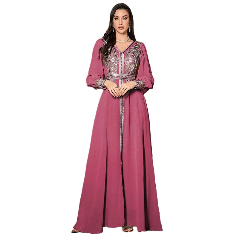 Eid Frauen Kleid Abaya Kaftan Muslimischen V-ausschnitt Stickerei Party Robe Jalabiya Ramadan Marokko Dubai Kaftan 2025, Vestidos Largos.