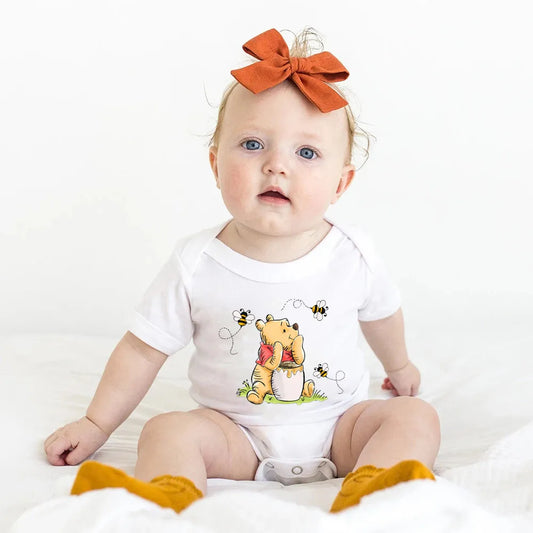 Kawaii Winnie the Pooh Bär und Biene Druck Baby Mädchen Kleidung Kurzarm Baby Body Baumwolle Strampler Neugeborenen Baby Sommer Kleidung.
