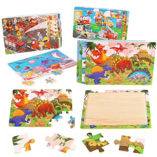 New 30 Pieces Wooden Puzzles Cartoon Animal Traffic Tangram Wood 3d Puzzle Montessori Educational Toys for Children Gifts.